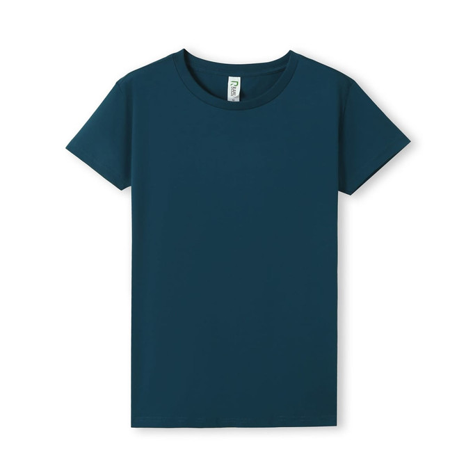 A teal women's T-shirt with a classic crew neck and short sleeves, featuring a simple design and a tag inside. A teal women's T-shirt with a classic crew neck and short sleeves, featuring a simple design and a tag inside.