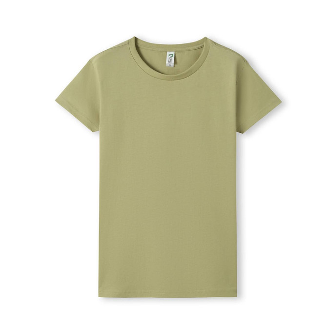 A green women's T-shirt with a simple round neckline and short sleeves, featuring a logo.