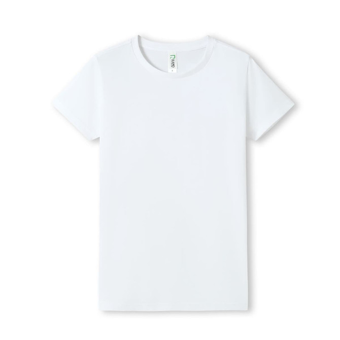 A plain white women's t-shirt with short sleeves and a round neckline, featuring a logo on the label.