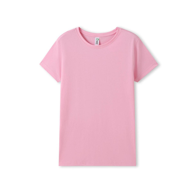 A pink women's organic cotton T-shirt featuring a classic crew neckline and short sleeves. It has a logo on the label.