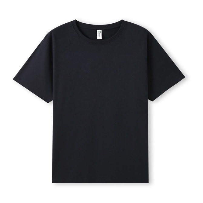 A black men's organic cotton T-shirt with a round neckline and short sleeves, featuring a logo on the label.