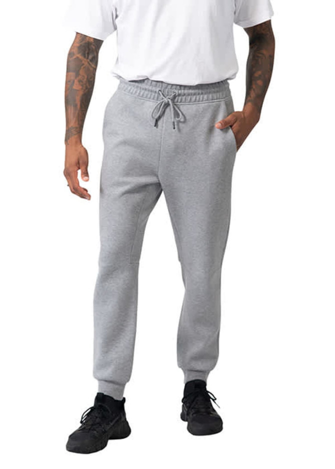 Men's three-layer cotton sandwich track pants in grey, featuring elastic cuffs and a drawstring waistband, with side pockets. Men's three-layer cotton sandwich track pants in grey, featuring elastic cuffs and a drawstring waistband, with side pockets.