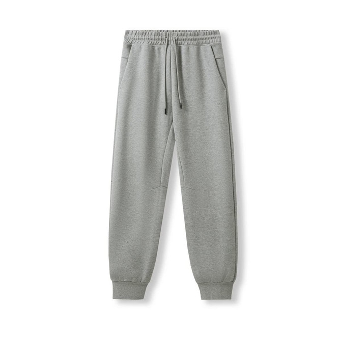 Men's three-layer cotton track pants in grey with an elastic waistband and pockets, featuring a logo. Men's three-layer cotton track pants in grey with an elastic waistband and pockets, featuring a logo.