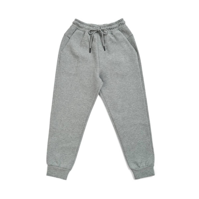 Three-layer cotton track pants for kids in soft grey, featuring an elastic waistband and side pockets.