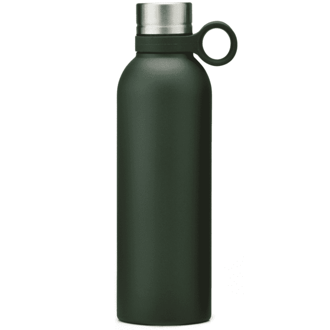 A drink bottle in a dark green hue with a stainless steel lid and a convenient carrying loop.