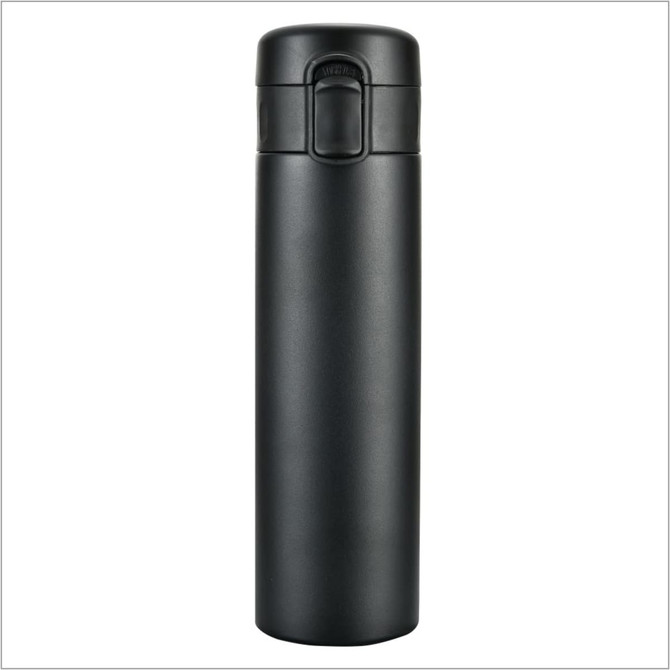 A drink bottle in matte black finish with a secure locking lid and a minimalist design. It has a logo on the side.