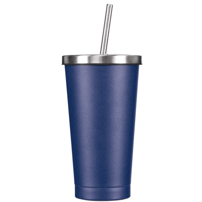 A drink bottle in navy blue with a stainless steel lid and straw. Features a logo.