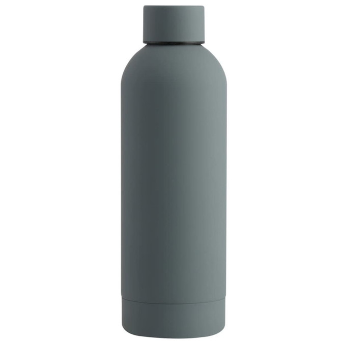 A drink bottle in matte grey with a minimalist design and a simple logo on the side.