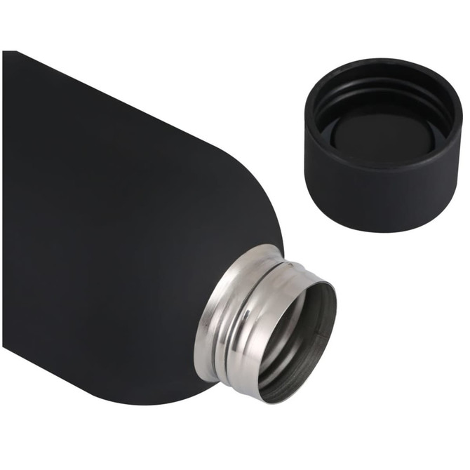 A drink bottle with a sleek black finish and a silver stainless steel opening, alongside its matching cap.