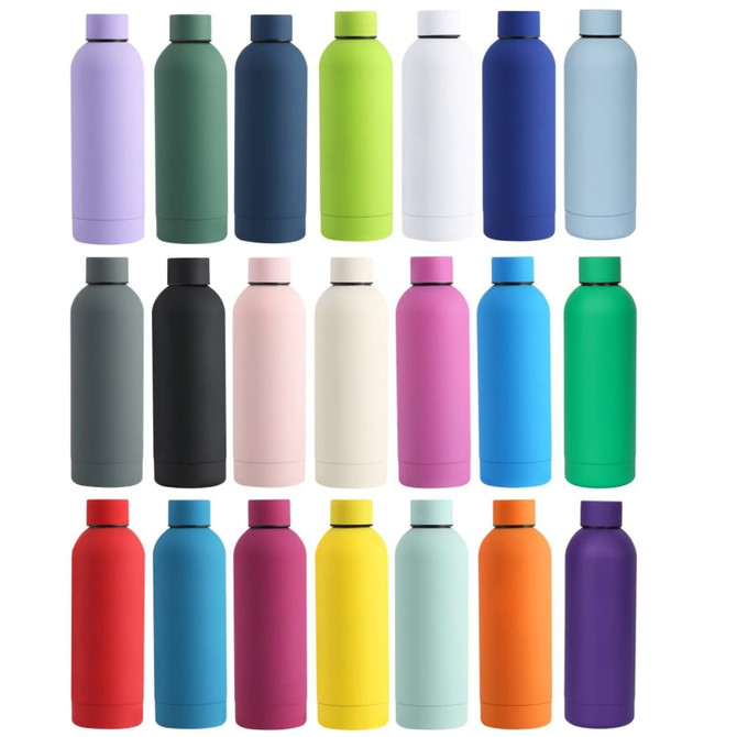 A drink bottle collection in various colours, including purple, green, blue, pink, and black, featuring branding.