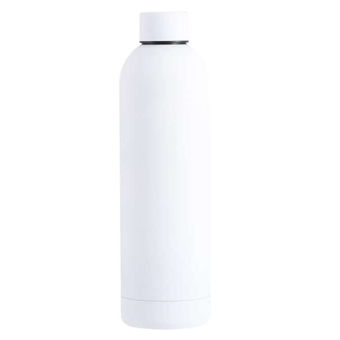 A drink bottle in white with a sleek, minimalist design and a black lid, featuring a logo on the side.