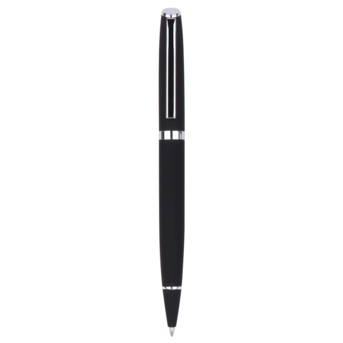 A sleek black metal pen with chrome accents and a glossy finish, featuring a branding logo. A sleek black metal pen with chrome accents and a glossy finish, featuring a branding logo.