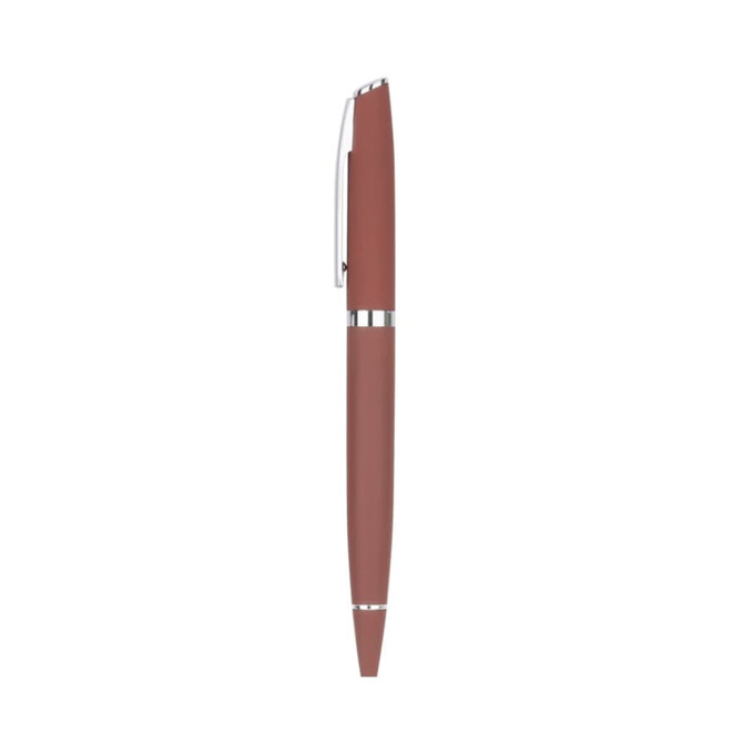 A metal pen with a matte rust-red finish and silver accents. Features a sleek design and a clip for easy attachment. A metal pen with a matte rust-red finish and silver accents. Features a sleek design and a clip for easy attachment.
