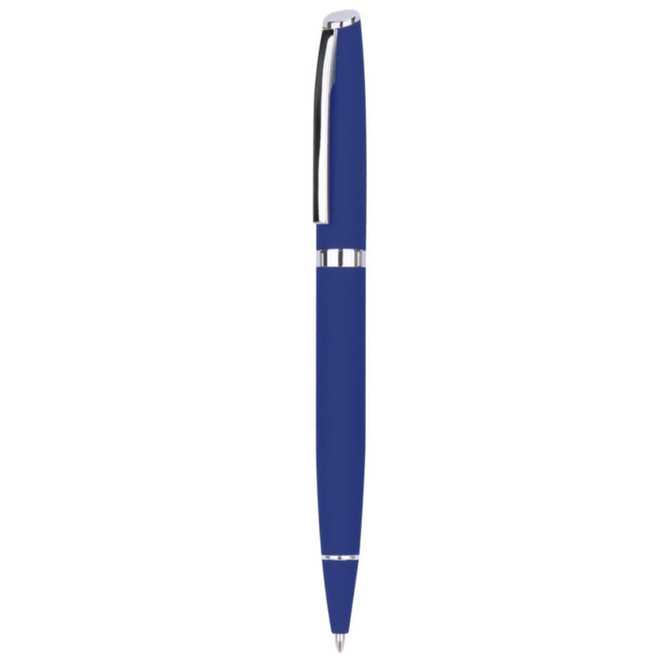A blue metal pen with a silver clip and accents, featuring a sleek design and a branding logo. A blue metal pen with a silver clip and accents, featuring a sleek design and a branding logo.