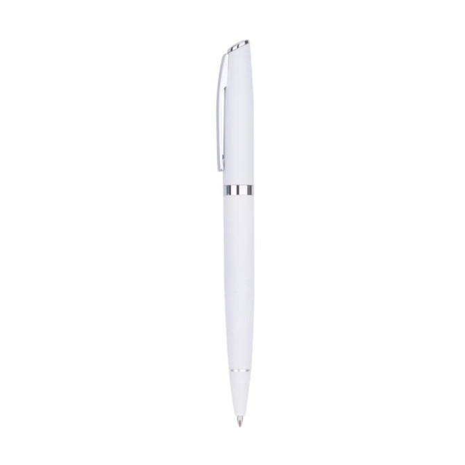 A white metal pen with silver accents and a clip, featuring a sleek design and branding. A white metal pen with silver accents and a clip, featuring a sleek design and branding.