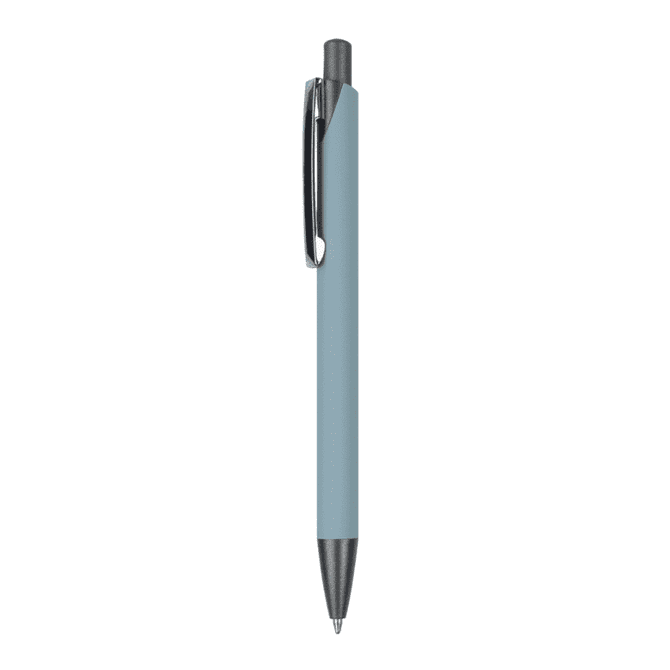 A metal pen in a soft blue hue with a silver clip and tip, featuring a logo on the barrel. A metal pen in a soft blue hue with a silver clip and tip, featuring a logo on the barrel.