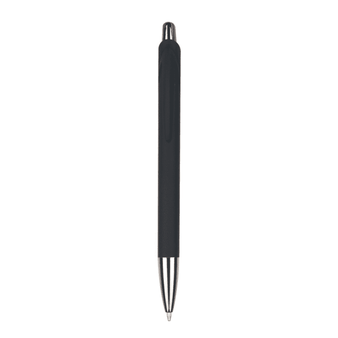 A black plastic pen with a smooth finish and metallic accents, featuring a logo on the body. A black plastic pen with a smooth finish and metallic accents, featuring a logo on the body.