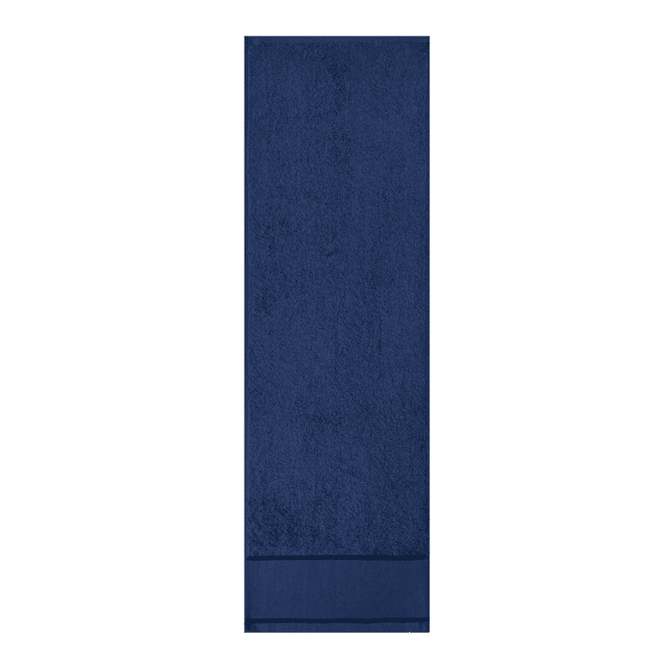A navy blue gym towel with a textured surface and a border at one end, featuring a logo.