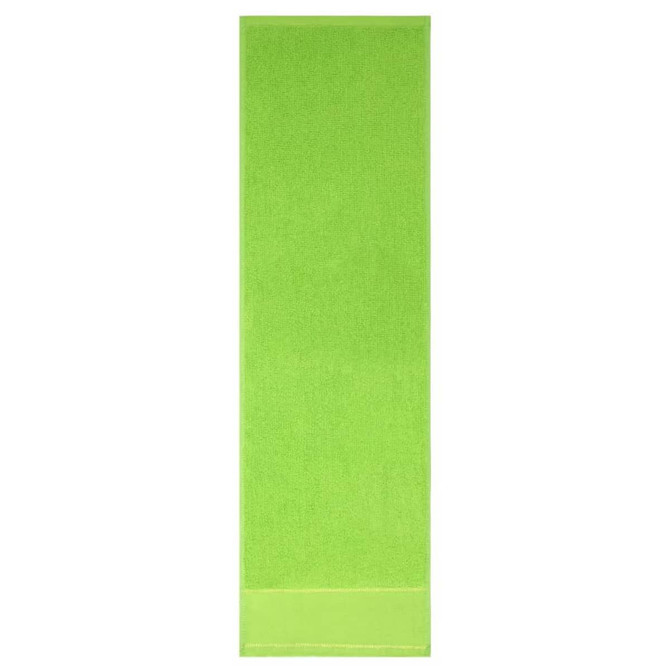 A vibrant green cotton gym towel with a towel loop at one end and a branding logo.