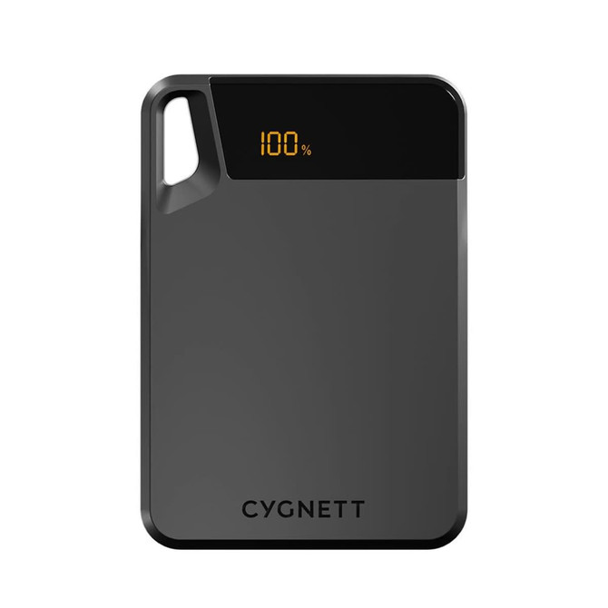 A black Cygnett Boost 5,000 mAh power bank with a digital battery level display and a branding logo.