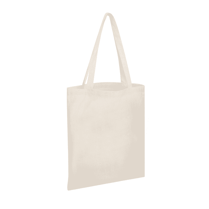 A light beige tote bag without a gusset, featuring two handles and a simple design. It has a logo on one side. A light beige tote bag without a gusset, featuring two handles and a simple design. It has a logo on one side.