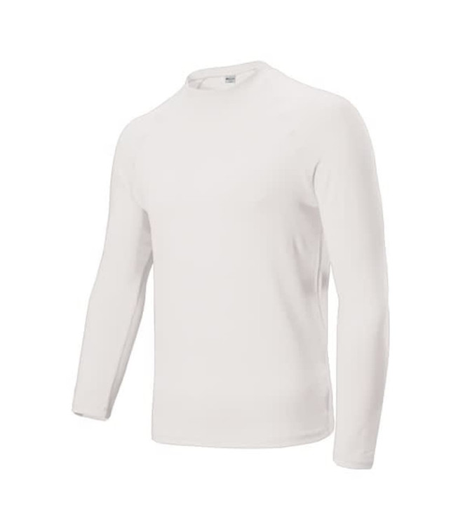 A white long-sleeved rashie for kids, featuring a crew neck and a subtle logo.