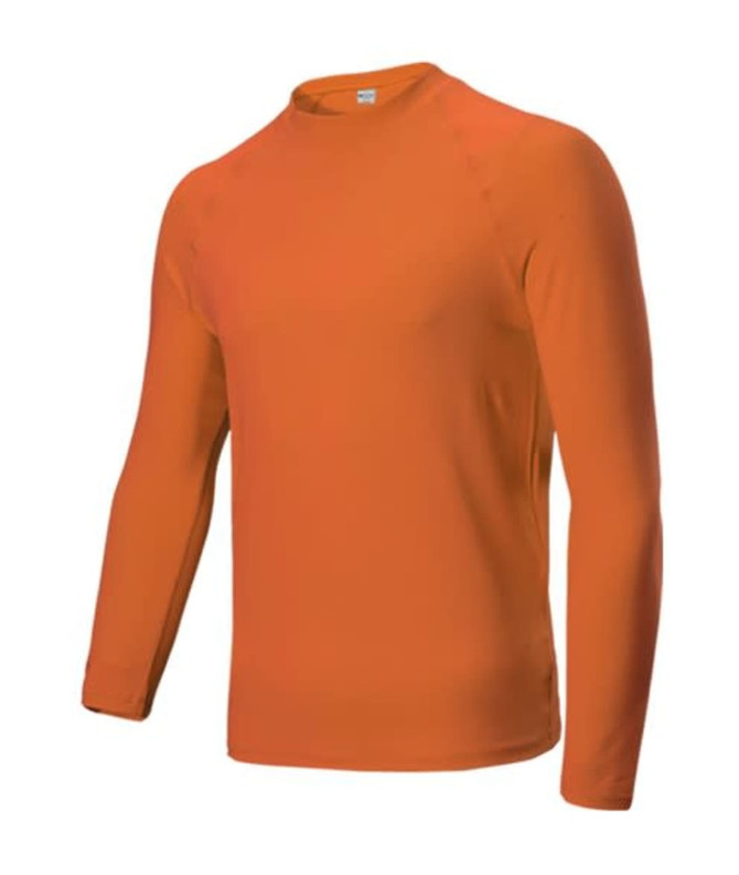 A long-sleeved kids rashie in vibrant orange, featuring a simple design and a logo on the front.