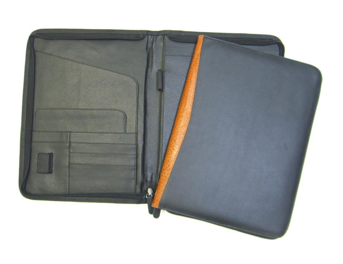 A4 leather compendium in black with a tan accent, featuring multiple pockets and a zip closure.