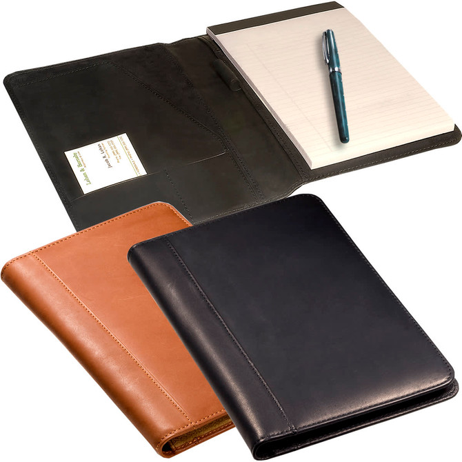 A junior portfolio featuring three designs in black, brown, and green sueded full-grain leather, including a notepad and pen.