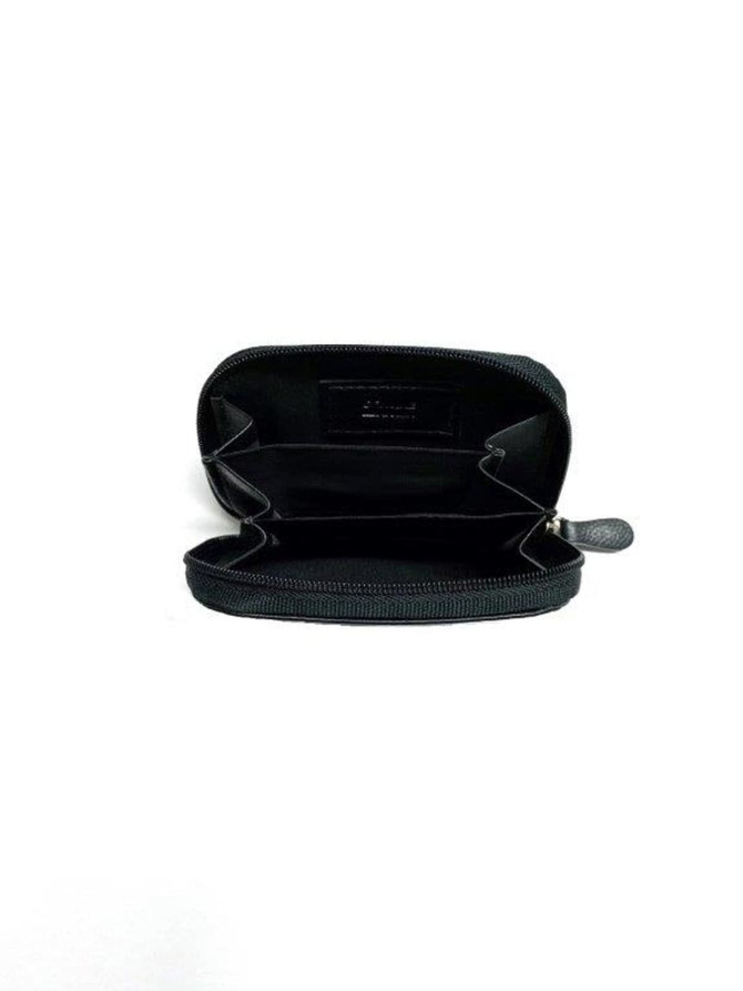 A black coin purse with a zip opening, featuring multiple compartments inside and a branded logo. A black coin purse with a zip opening, featuring multiple compartments inside and a branded logo.