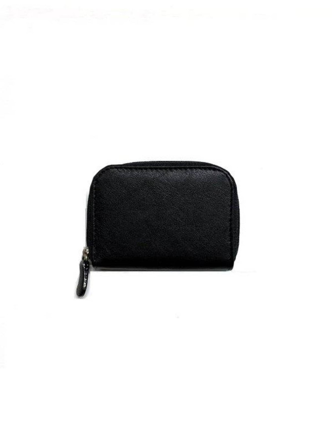 A black coin purse with a zip closure and a small logo on one side. A black coin purse with a zip closure and a small logo on one side.