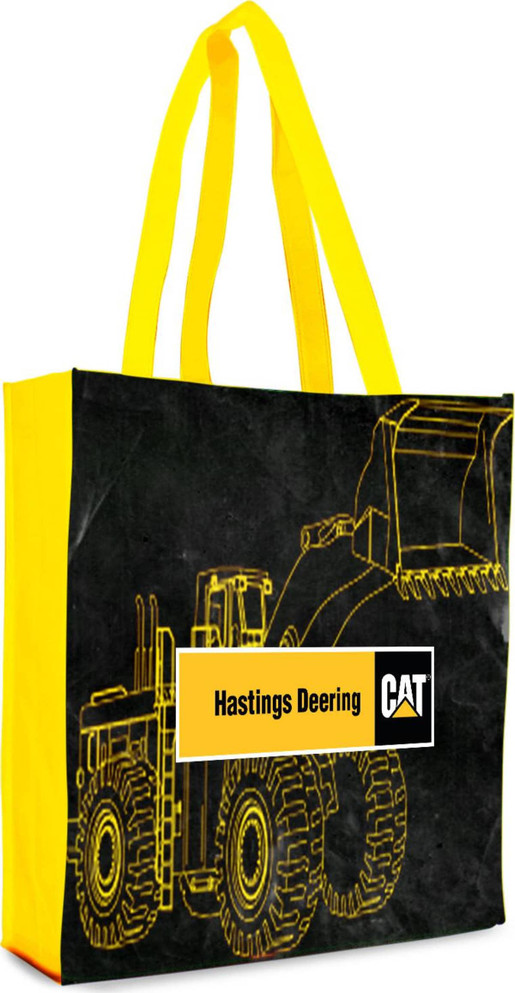 A black tote bag featuring a yellow design of heavy machinery, with yellow handles and a branded logo. A black tote bag featuring a yellow design of heavy machinery, with yellow handles and a branded logo.