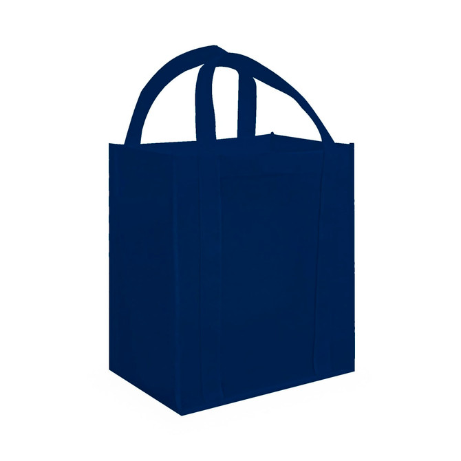 A dark blue tote bag with two sturdy handles and a square base. It features a logo on the side. A dark blue tote bag with two sturdy handles and a square base. It features a logo on the side.