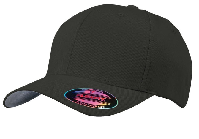 A black Flexfit cap with a curved visor and a branded patch on the front.