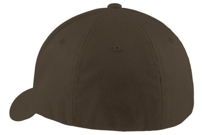 A brown Port Authority Flexfit cap with a smooth finish and a curved brim, featuring a logo on the side.