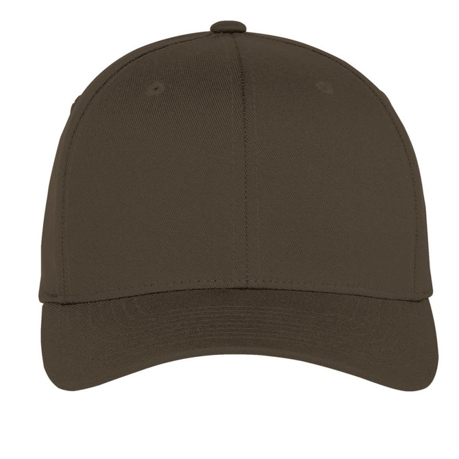 A brown Flexfit cap featuring a curved brim, structured design, and a logo on the front.