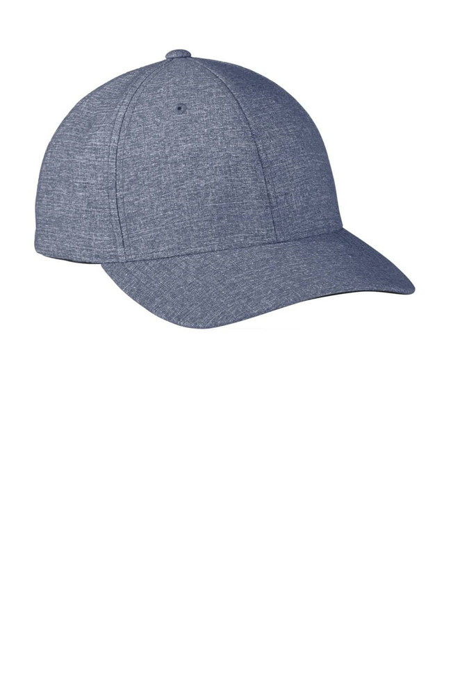A blue grey snapback cap featuring a classic design and has a logo. Made from performance material.