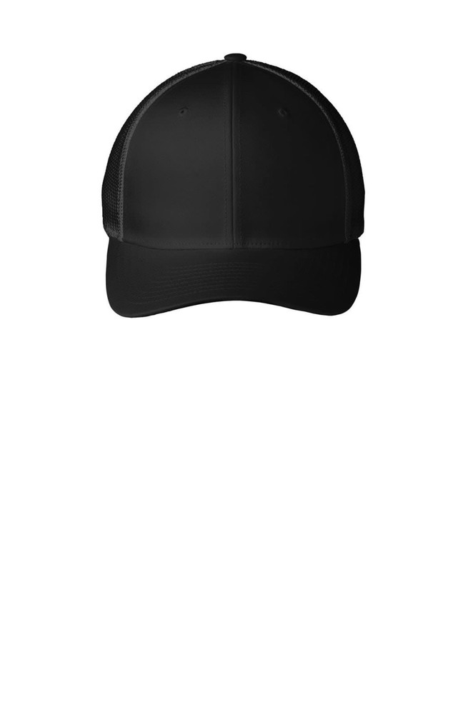 A black Flexfit mesh back cap with a rounded crown and curved brim, featuring a logo on the front.
