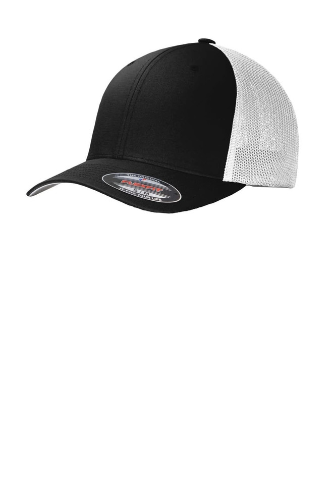A black cap with a mesh back, featuring a branded logo and a curved peak.