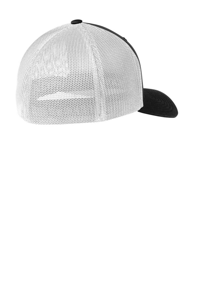 A black and white mesh-back cap featuring a structured design and a curved brim, with a small logo on the side.