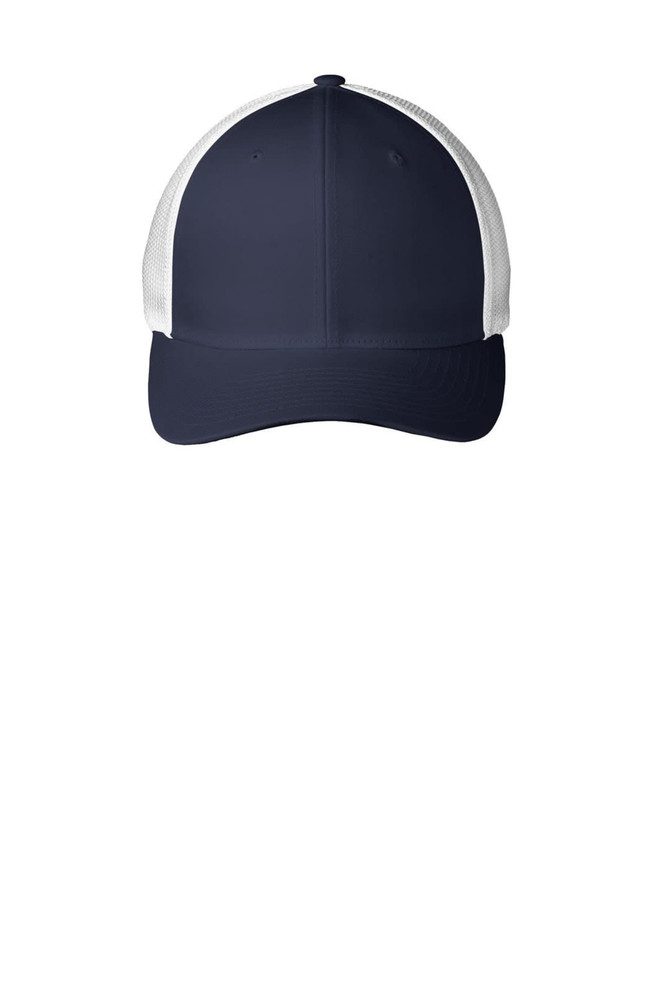 A navy blue cap with a white mesh back, featuring a structured design and an adjustable fit.