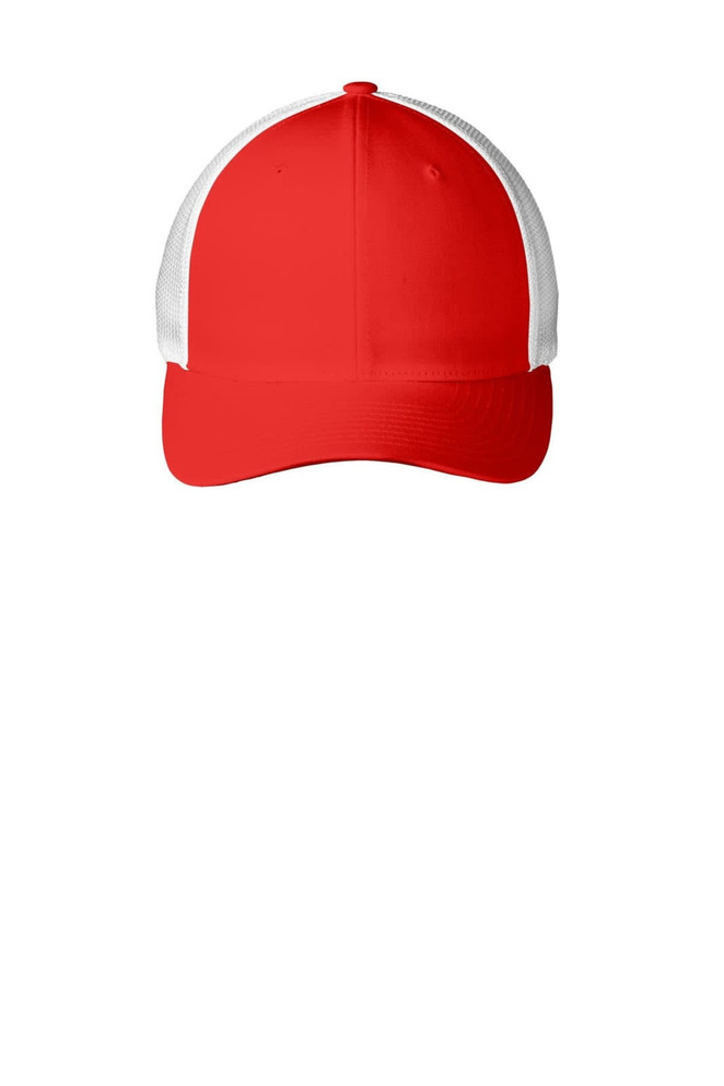 A red cap with a white mesh back and a curved brim, featuring a logo on the front.