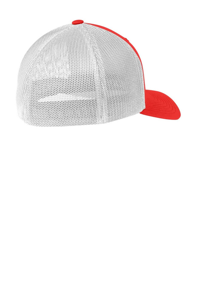A white mesh back cap with a red visor and an adjustable fit. Includes a logo on the front.