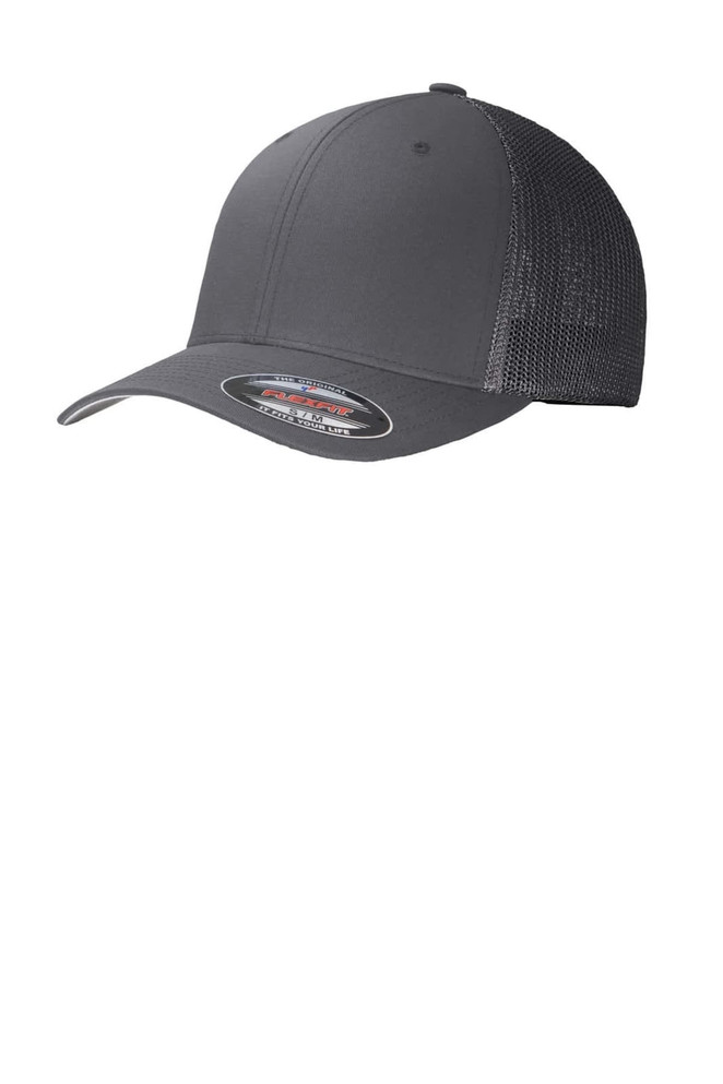 A grey cap featuring a mesh back and a curved visor, with a logo on the side.