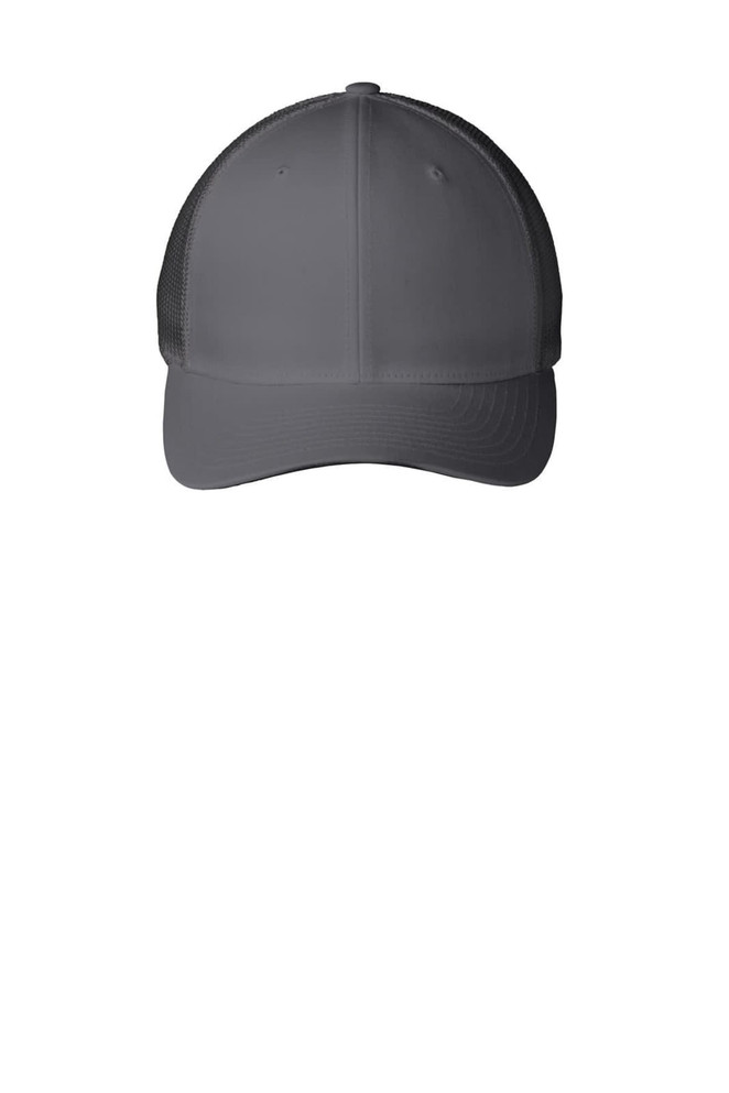 A grey Flexfit mesh back cap with a smooth front panel and a curved visor. Features a logo on the front.