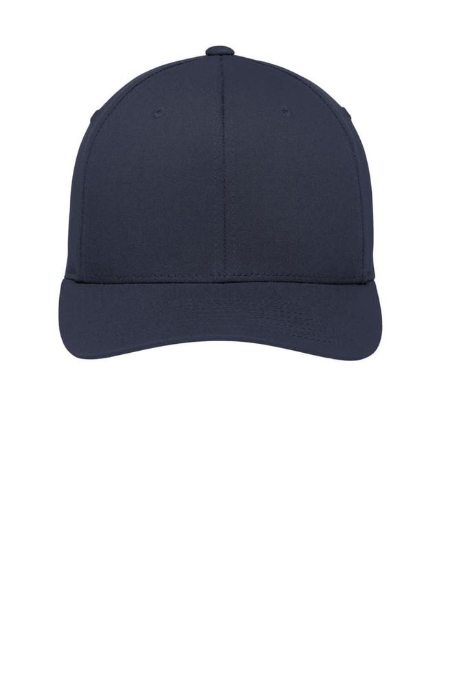A navy blue cap with a rounded crown and a stiff brim, featuring a logo on the front.