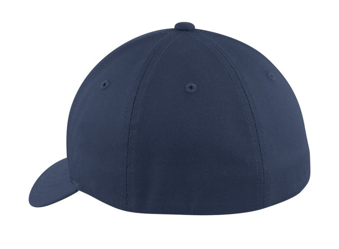 A navy blue Flexfit cotton twill cap, featuring a back view with no visible logos or branding.
