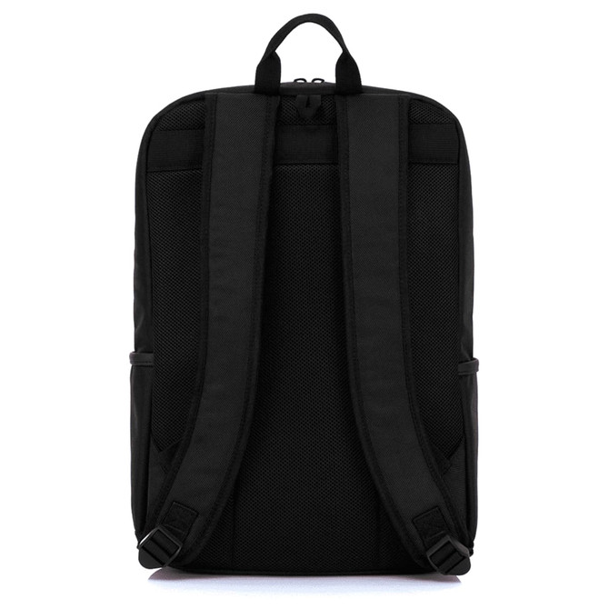 A black backpack with padded shoulder straps and a top handle. It features a simple and sleek design.