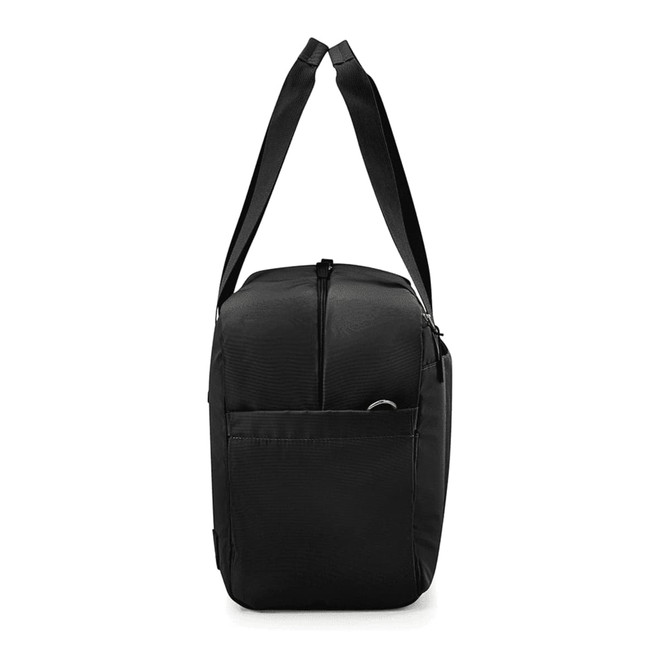 A black duffle bag with a strap and a front pocket, featuring a logo on the side.