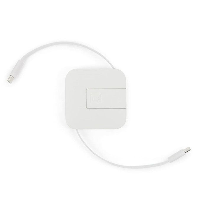 A white retractable charging cable with a compact square design and two connectors. It features a logo on the surface.
